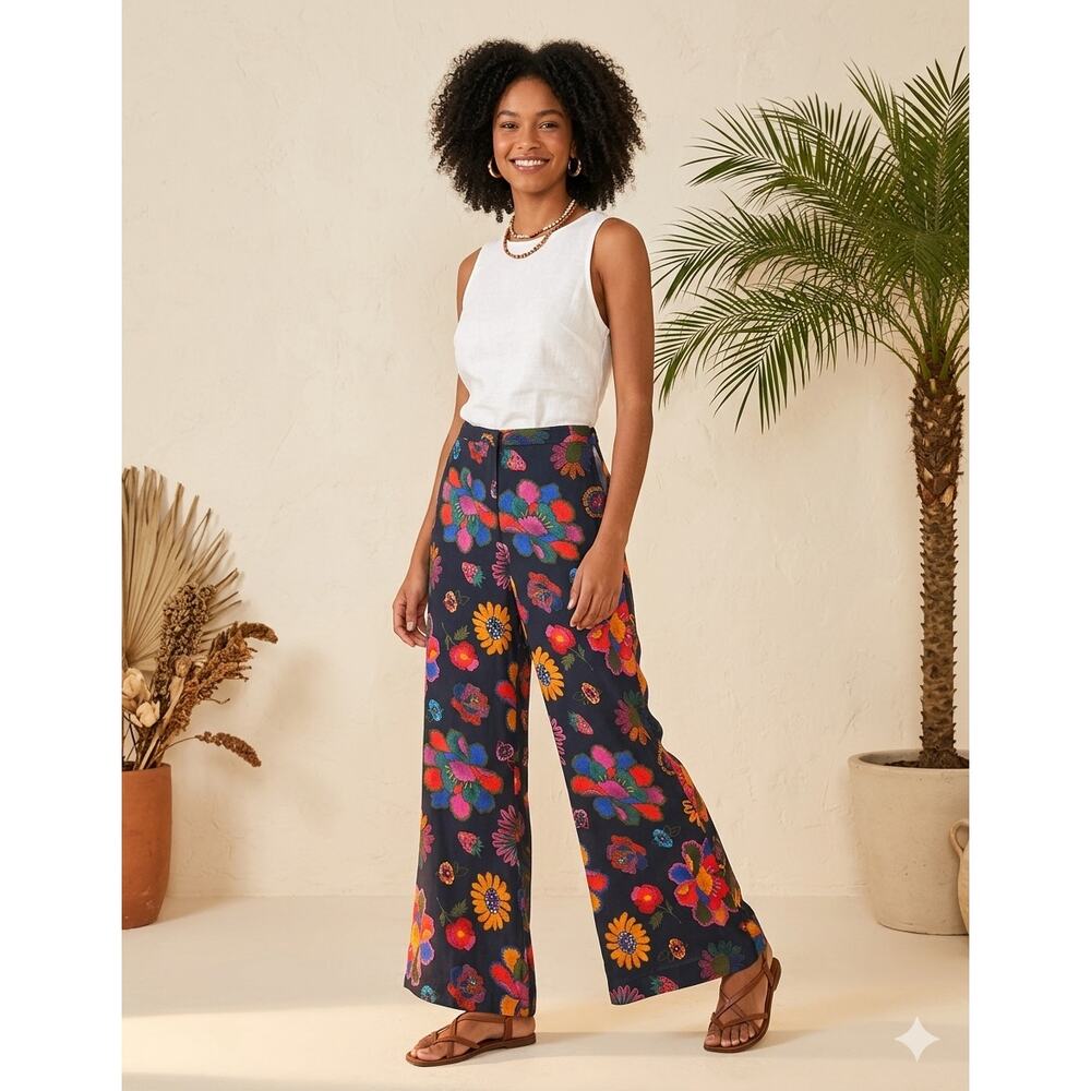 Farm Rio Colorful Tropical Floral Viscose Wide Leg Pants EUC Whimsical Size M